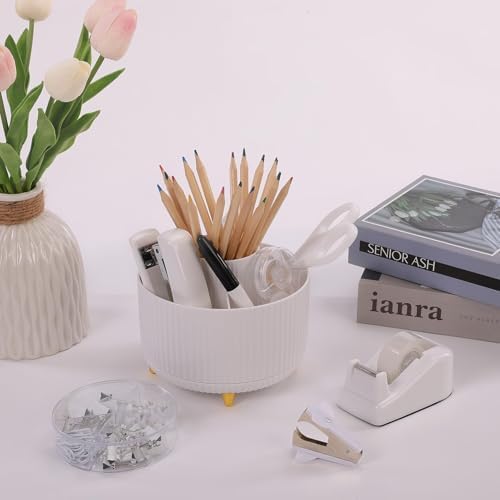 SKYDUE White Office Supplies Set, Office Desk Accessories 10PCS, Pencil Holder for Desk, Stapler, Tape Dispenser, Scissors, Ruler, Binder/Paper Clips and 1000pcs Staples,Desk Supplies Set - Image 5