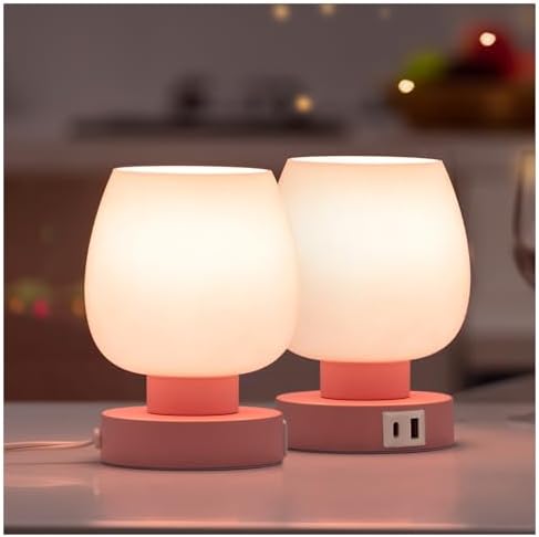 ONEWISH Pink Touch Table Lamp with USB Charging - 3 Way Dimmable Small Lamp for Bedroom, Warm LED Bulb Included, 2 Packs by onewish