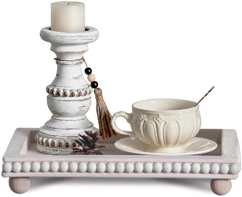 Decorative Coffee Table Tray, 13.5 x 9.7 Inch White Washed Wooden Beaded Tray with Removable Legs, Rustic Farmhouse Rectangular Tray for Coffee Table, Kitchen Counter and Vanity Decor by Unknown