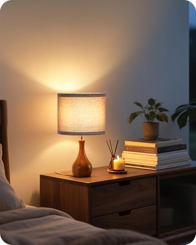Gray Table Lamp, 14.2" Small Bedside Lamp, Compact Desk Lamp with Gray Linen Lampshade & Dark Walnut Base, Modern Nightstand Lamp for Bedroom, Kid's Room, Office, E26 Socket, LH09TL05 - Image 2