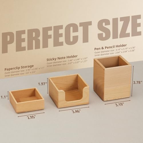 Desk Organizer Set of 3 - Wood Office Desk Accessories - Desk Organizers and Accessories for Women Men - Set incl. Pencil Pen Holder, Paperclip Storage and Sticky Note Holder - Image 2