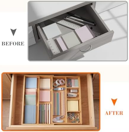 Bamboo Sliding Desk Drawer Organizer 8.2'' up to 16.4'' x 14.4'' x 2.2'' Expandable Office Desk Accessories Supplies Tray with 7 Compartments for Pens, Notebooks, Rulers, and Makeup Jewelry Vanity - Image 5