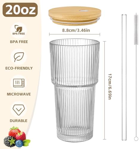 20oz Ribbed Glass Tumblers with Lids and Straws, 2 PCS Iced Coffee Cups,Glass Coffee Cups with Bamboo Lid,Vintage Glassware for Whiskey Cocktail Beer - Image 2