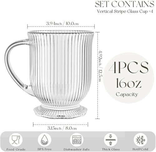 KEMORELA 16oz Ribbed Glass Coffee Mugs Set,Large Glass Mugs with Handle - Image 3