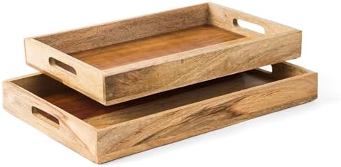 Mela Artisans Mango Wood Serving Tray Set - Natural Finish, 15" and 13" by MelaArtisans