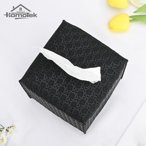 HOMOTEK 1 Pack Tissue Box Cover, Square PU Leather Tissue Holder, Decorative Facial Tissue Cube Paper Organizer Dispenser for Bathroom, Night Stands, Desk, Car 5X5X5'' - Rattan Weave, Black - Image 2