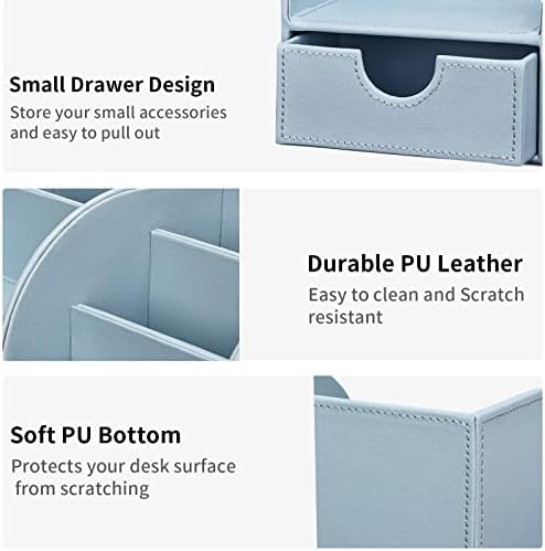KINGFOM Pu Leather Desk Organizer Pen Pencil Holder Office Supplies Caddy Storage Box 6 Compartments with Drawer Blue - Image 3