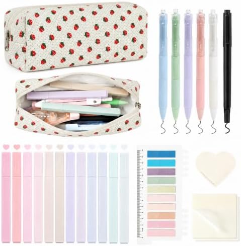 22Pcs Book Annotation Kit Aesthetic Pencil Case with Supplies School Annotation Supplies Gel Pen Transparent Sticky Note Taking Bible Study College Stationery Supplie (White Strawberry Dot) by AILEAM