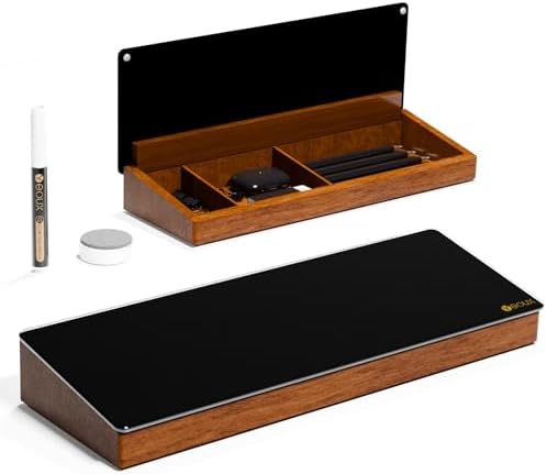 Desktop Black Glass Dry Erase Board with Wood Organizers for Small Office Supplies, Desk Whiteboard with Drawer for Home Office Cubicle, Accessories Included, Yeoux by Yeoux