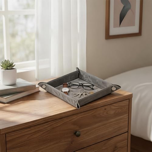 Valet Tray Desktop Storage Organizer – Vegan Leather Catchall Bedside Vanity Tray Nightstand Caddy Holder for Remote Controller, Watch, Keys, Phone, Wallet, Coin, Jewelry, Stone Gray - Image 4