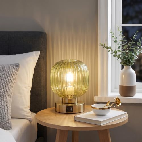 Elenhome Touch Small Table Lamp,Elegant Green Glass Bedside Lamp 3 Way Dimmable with USB C+A Charging Ports - Bedroom Nightstand & Living Room Essential, 4W Bulb Included (Green) - Image 6