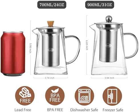 CNGLASS Glass Teapot with Infuser,24oz Clear Glass Tea Kettle with Removable Stainless Steel Strainer,Stovetop Safe Glass Teapot for Blooming and Loose Leaf Tea… - Image 2