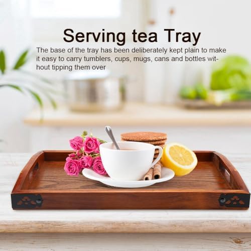 14.17x9.06 Inch Wood Serving Tray Multipurpose Desk Organizer Easy Clean Wooden Tray Rustic Handle for Coffee, Tea, and Snacks - Image 4