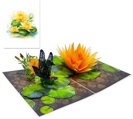 3D Pop-Up Lotus & Dragonfly Greeting Card – Handmade Floral Nature Card for Birthday, Mother’s Day, Thank You & Special Occasions F57