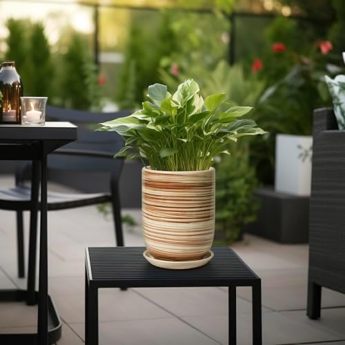 8 Inch Plant Pot, Ceramic Planter for Outdoor Plants, Large Plant Pot Indoor with Drainage Hole and Saucer, Modern Flower Pot for Home Garden Decor Yellow - Image 4