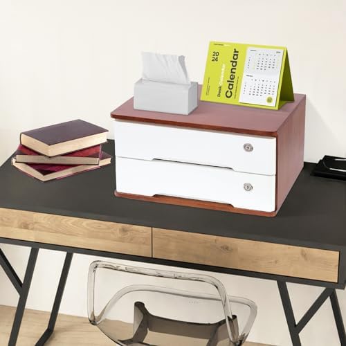2-Tier Desktop Storage Box with Lockable Drawer, Wooden Desk Organizer for Office Supplies, Flat File Cabinet, Minimalist Design for Home & Office Use(Walnut+White) - Image 5