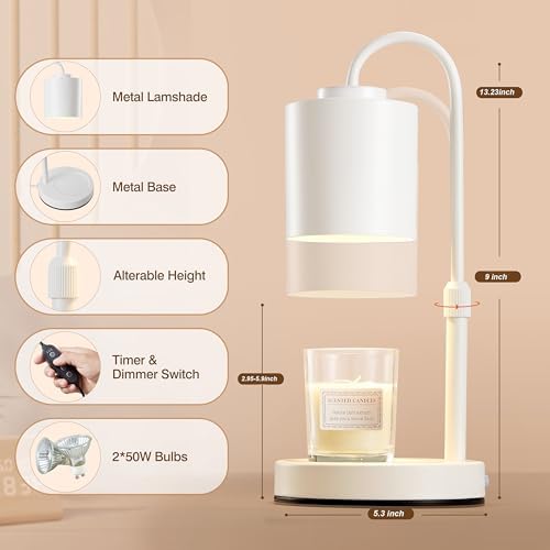 CASTLELIFE Dimmable Candle Warmer Lamp with Timer, Height Adjustable Candle Warmer for Jar Candles, Electric Wax Melt Warmer for Home Decor House Warming Gifts, Birthday Gifts for Women, White - Image 2