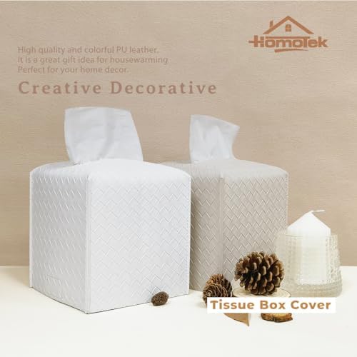 HOMOTEK 2 Pack Tissue Box Cover,PU Leather Tissue Holder,Square Decorative Facial Tissue Cube Paper Organizer Dispenser for Bathroom, Night Stands, Desk, Car 5X5X5'' - Woven Waffle, Pure White - Image 6