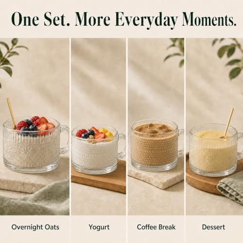 JBHO Vintage Glass 14OZ Coffee Mugs 4pcs Clear Embossed Glass Cups with Bamboo Lids and Spoons Gifts for Women Overnight Containers for Tea,Cereal,Cappuccino, Latte - Image 4