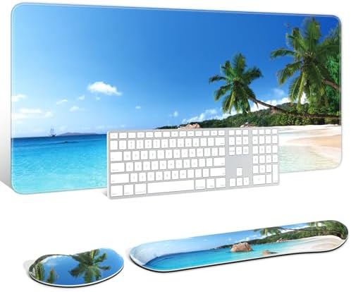Auhoahsil Large Mouse Pad with Wrist Rests for Keyboard & Mouse, Thick Soft Ergonomic Memory Foam Wrist Supports, Big & Long Desk Mat 35.5 x 15.7 in, for Office Gaming Computer, Beach and Trees by Auhoahsil