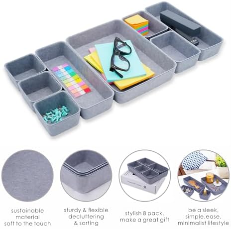 Welaxy Minimalist 8pc Felt Desk Drawer Organizer Glacier Gray Bins - Image 6