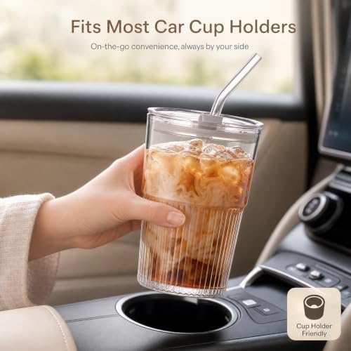 16oz/470ml Ribbed Glass Iced Coffee Tumbler with Lid and Straw, Thick-walled Clear Drinking Glass Cups for Cold Brew, Matcha, Smoothies, Leak-Resistant BPA-Free Travel Mug-2PACK - Image 3