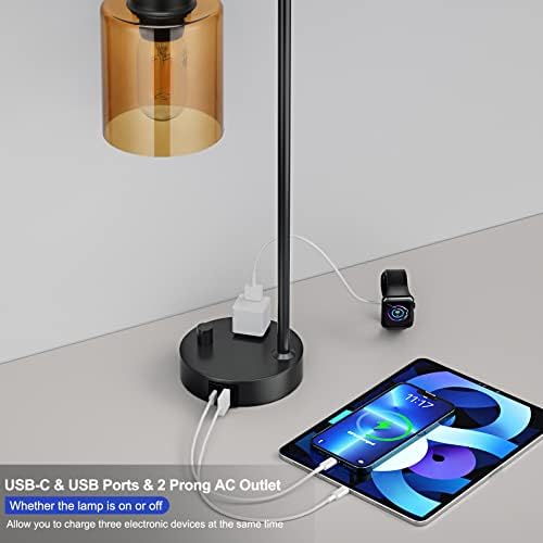 Innqoo Industrial Small Desk Lamp for Nightstand - Amber Clear Glass Shade Table Lamp with USB C Port, Fully Dimmable Black Bedside Lamp with USB Port and Outlet, Bedroom Lamp for Reading Office - Image 3