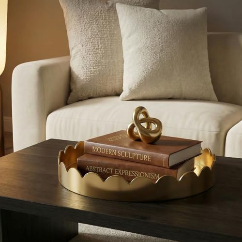 Gesodant 13" Round Scalloped Decorative Tray for Coffee Table Decor, Candle & Perfume Tray, Dining Table Centerpiece & Aromatherapy Candle Display, Modern Glossy Lacquer Look (Gold) - Image 2