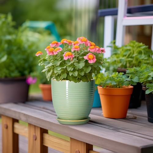 Ceramic Plant Pots - 6 Inch Ceramic Planter with Drainage Hole and Saucer, Modern Planters for Indoor Outdoor Plants, Round Flower Pots, Office House Decor, Gifts for Women Men, Bright Green - Image 4