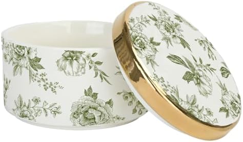 Sweet Water Decor Green Delft Round Trinket Box, Jewelry Storage for Bathroom Counter or Nightstand, Ring Holder for Bridal Shower, Wedding, or Home, Elegant Jewelry Holder & Organizer for Women by SweetWaterDecor