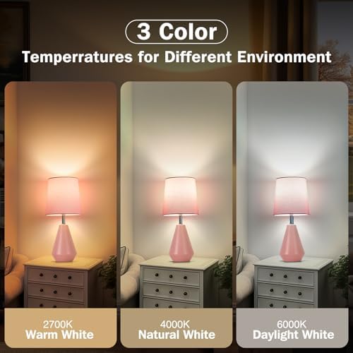 Small Bedside Table Lamp for Bedroom-Reading Desk Lamp Set of 2,with 3 Color Temperatures,15.5" Nightstand Ceramic Lamp with Fabric Shade for Kids Room,Living Room,Dorm,Home Office(Pink) - Image 2