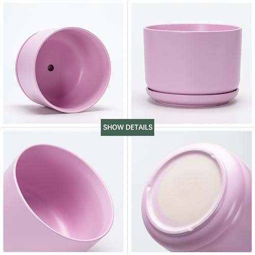 Plant Pots,Ceramic Planters with Drainage Holes&Saucer Set of 3(Matte Pink) - Image 2