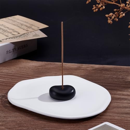 1Pc Ceramic Incense Burner Black Oval Incense Holder Incenses Sticks Holder Sturdy Incenses Burner Ash Catcher with 1Pcs Resin Plate for Home Office Livingroom Work Relaxation Meditation - Image 5