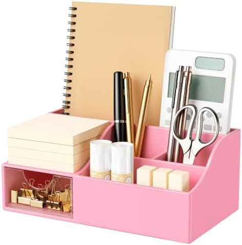 HBlife Acrylic Desk Organizer with Drawer, Pen & Pencil Holder, Multifunctional Desktop Caddy for Office Supply and Organization (Pink) by HBlife