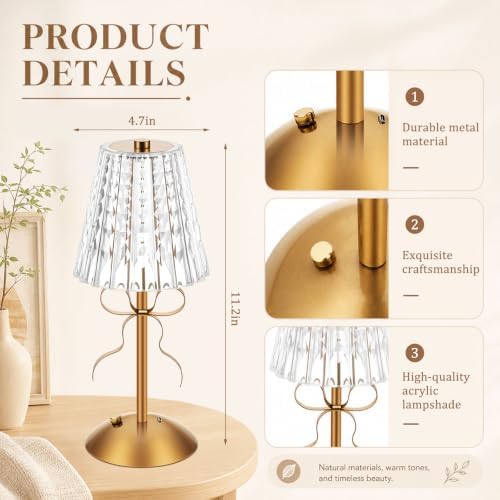 Liliful 2 Pcs Cordless Table Lamp LED Touch, Gold, Classic Style Bow - Image 2