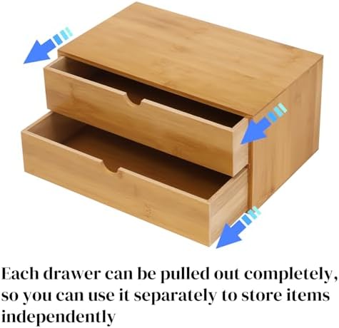 Small Desk Drawer Organizer, Bamboo Mini Desktop Drawer, Wood Tabletop Storage Organizer Box for Office Home Dormitory Toiletries Cosmetics Supplies, No Assembly Required (2 Drawers) - Image 6