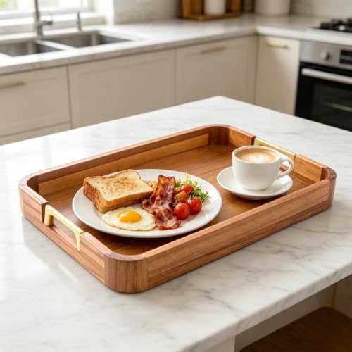 GinSent Wooden Serving Tray with Handles,Wooden Trays for Kitchen Counter Decorative Trays Wood Tray Coffee Table Tray for Living Room House Decor 16.7-INCH with 1.2cm Thickness Wood - Image 3