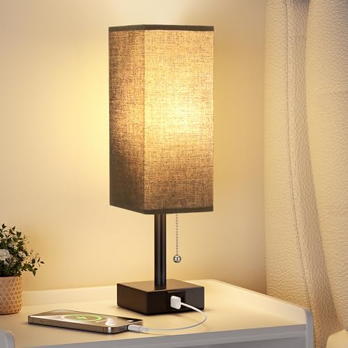 Black Bedside Table Lamp for Bedroom - Desk Lamp For Nightstand, USB C+A by Aooshine