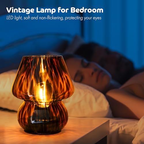 ULAROOM Battery Operated Mushroom Lamp - Vintage Small Table Lamp with Timer, Cordless Bedside Nightstand Lamp, Glass Battery Powered Lamp for Bedroom Kitchen Living Room Shelf Decor Aesthetic Amber - Image 3