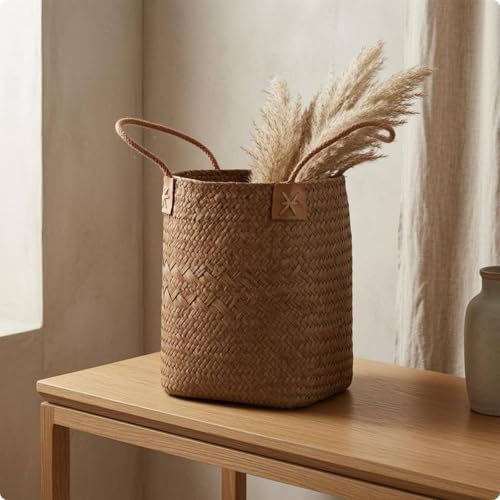 Handmade Basket Woven Organizer Basket Round Storage Bin With Open Top And Leather Strengthened Border Handcrafted Seagrass Weave Suitable for shelves, Coffee, Small - Image 6