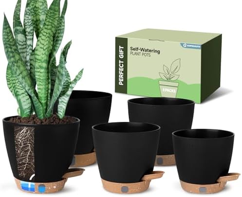 Self Watering Pots for Indoor Plants (5/5.5/6/6.5/8 Inch), Terra Cotta Planters with Water Level Indicator & Drainage,Wicking Pots for Monstera, Herbs & Snake Plant (Black, 5/5.5/6/6.5/8 Inch) by GOPROAUTO