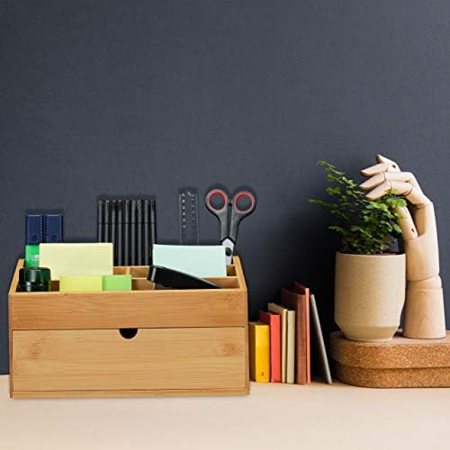 Relaxdays Desk Organiser with Drawer, 6 Compartments, Bamboo, Office Storage Box, H x W x D: 15 x 28 x 16.5 cm, Natural, Wood Composite, Pack of 1 - Image 2