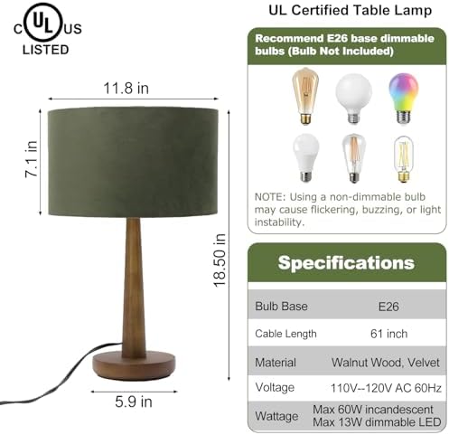 18.5" Modern Dimmable Walnut Wood Table Lamp with Velvet Shade, Green - Image 2