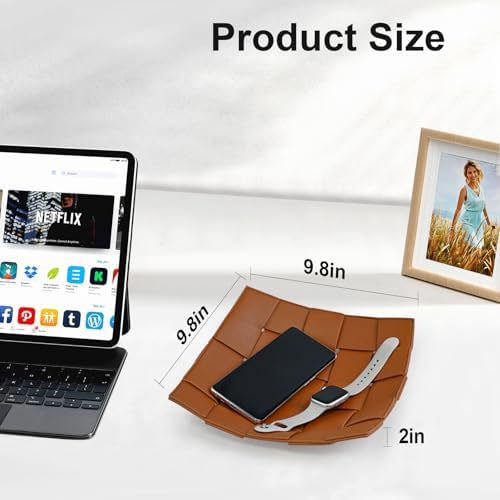Valet Tray PU Leather Key Holder Bowl for Men and Women Entryway Table Nightstand Catchall Storage Organizer EDC Dump Tray for Wallet, Keys, Coins Men's Gift - Brown, 9.8" L x 9.8" W x 2" H - Image 5