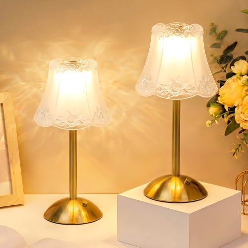 Liliful 2 Pcs Cordless Table Lamp LED Touch, Gold, Floral Lace Style by Liliful