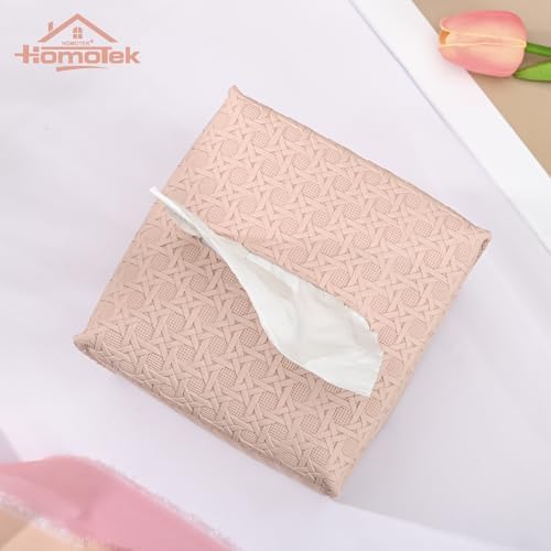 HOMOTEK 1 Pack Tissue Box Cover, Square PU Leather Tissue Holder, Decorative Facial Tissue Cube Paper Organizer Dispenser for Bathroom, Night Stands, Desk, Car 5X5X5'' - Rattan Weave, Macaron Pink - Image 2