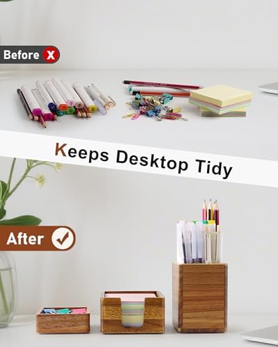 Acacia Wood Desk Organizer Set with Sticky Note Holder, Pencil Pen Cup & Paper Clip Storage, Office Desk Accessories for Marker Craft (Set of 3) - Image 5
