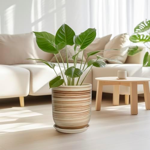 Ceramic Planter 10 Inch - Ceramic Pots for Indoor Plants Outdoor Large Plant Pot with Drainage Hole and Saucer Cylinder Flower Pot Yellow - Image 4