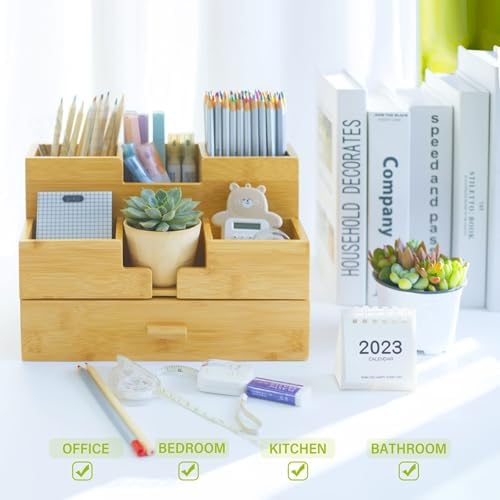 Bamboo Desk Organizer - Countertop Drawers Organizer Tabletop Storage Organization Makeup & Pen Storage with Drawer & Pencil Holder for Office Organization - Image 4