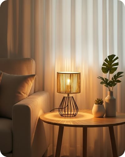 Rattan Table Lamp, Boho Table Lamp, Small Bedside Lamp, Handwoven Paper Lampshade, 2700K LED Bulb Included, Boho Desk Lamp, Modern Nightstand Lamp for Bedroom, Living Room, Striped SW06TL05 - Image 2